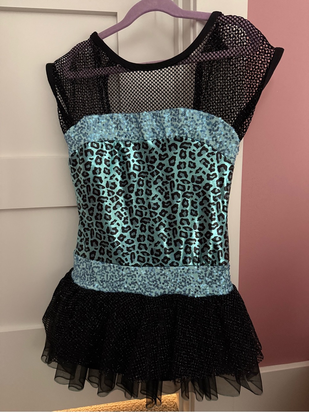 Aqua Blue Leopard Sequin Mesh Dance Dress LC